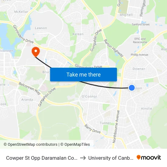 Cowper St Opp Daramalan College to University of Canberra map