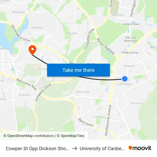 Cowper St Opp Dickson Shops to University of Canberra map