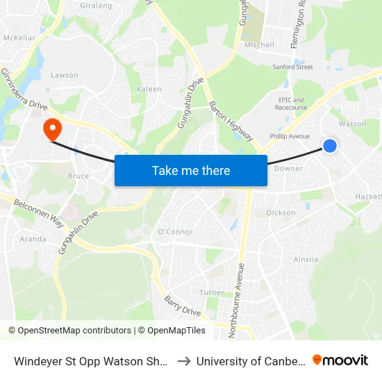 Windeyer St Opp Watson Shops to University of Canberra map