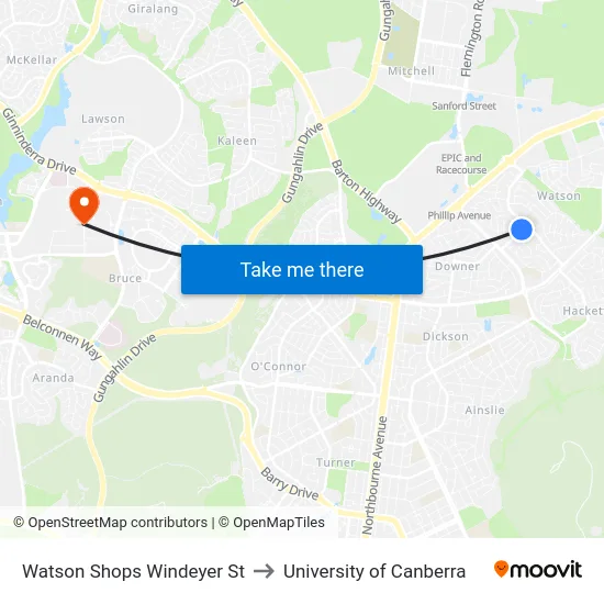 Watson Shops Windeyer St to University of Canberra map