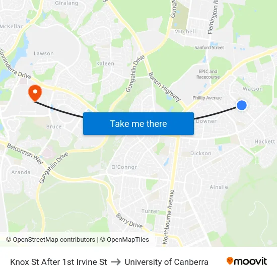 Knox St After 1st Irvine St to University of Canberra map