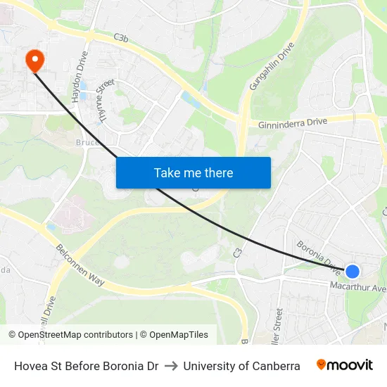 Hovea St Before Boronia Dr to University of Canberra map