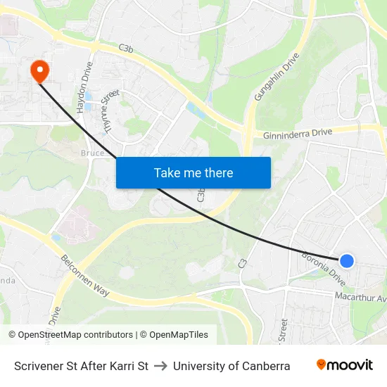 Scrivener St After Karri St to University of Canberra map