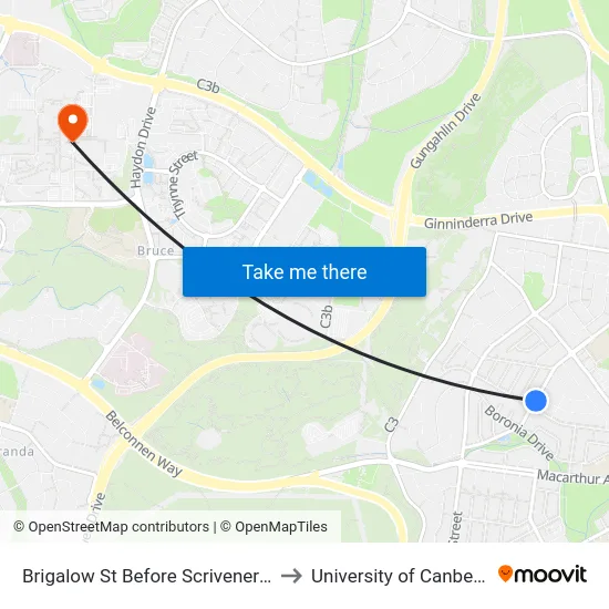 Brigalow St Before Scrivener St to University of Canberra map
