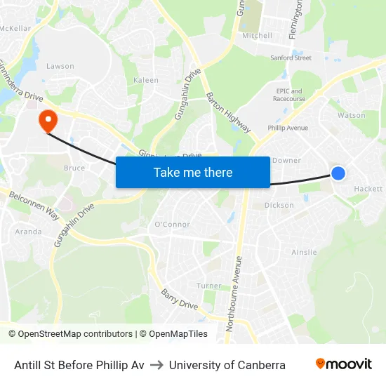 Antill St Before Phillip Av to University of Canberra map