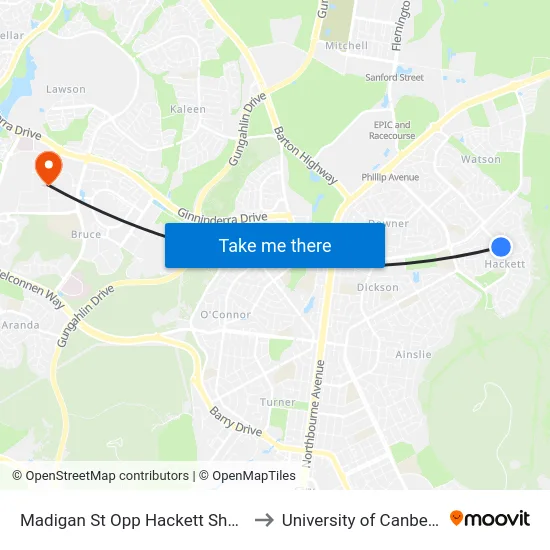 Madigan St Opp Hackett Shops to University of Canberra map