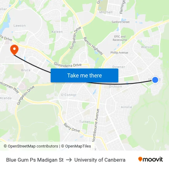 Blue Gum Ps Madigan St to University of Canberra map