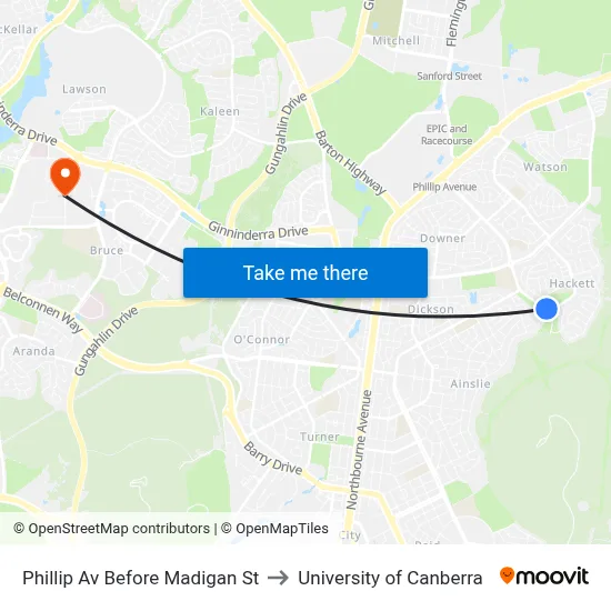Phillip Av Before Madigan St to University of Canberra map