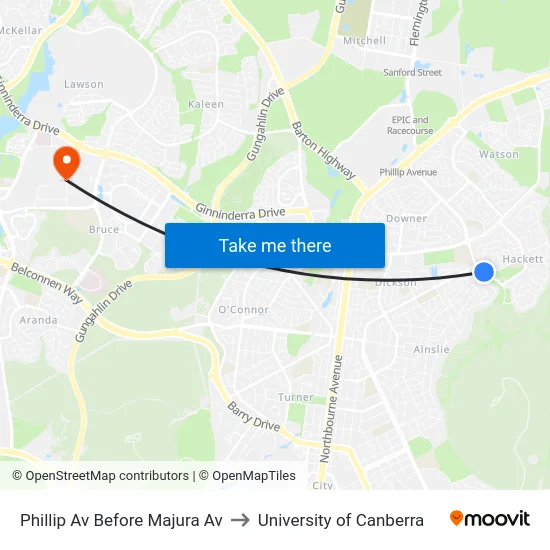 Phillip Av Before Majura Av to University of Canberra map
