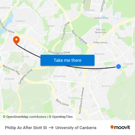 Phillip Av After Stott St to University of Canberra map