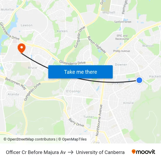 Officer Cr Before Majura Av to University of Canberra map