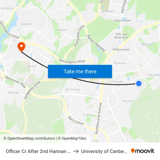 Officer Cr After 2nd Hannan Cr to University of Canberra map