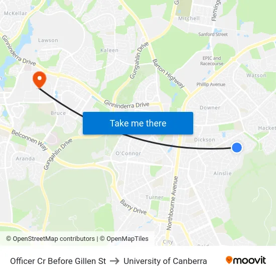 Officer Cr Before Gillen St to University of Canberra map