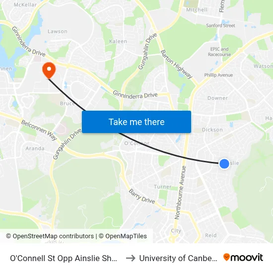 O'Connell St Opp Ainslie Shops to University of Canberra map