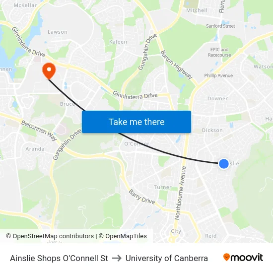 Ainslie Shops O'Connell St to University of Canberra map