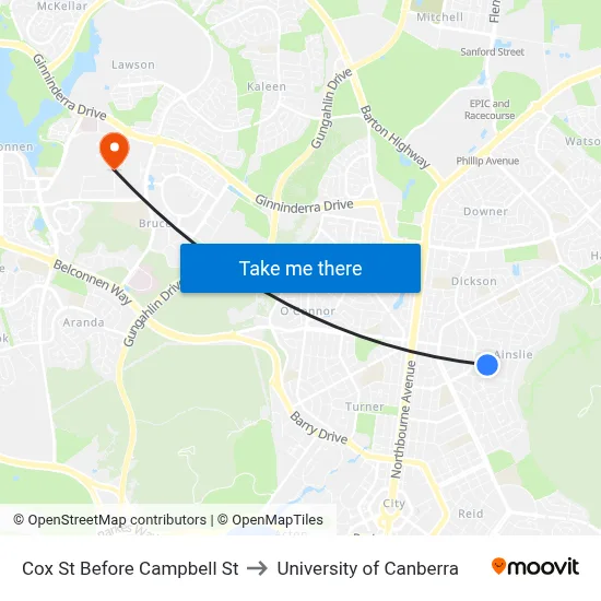 Cox St Before Campbell St to University of Canberra map