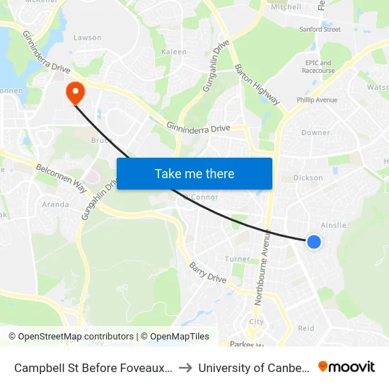 Campbell St Before Foveaux St to University of Canberra map