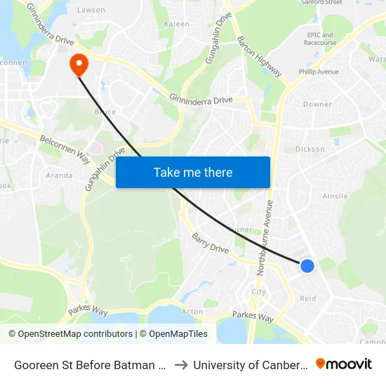 Gooreen St Before Batman St to University of Canberra map
