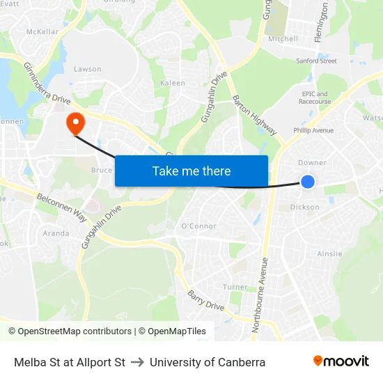 Melba St at Allport St to University of Canberra map
