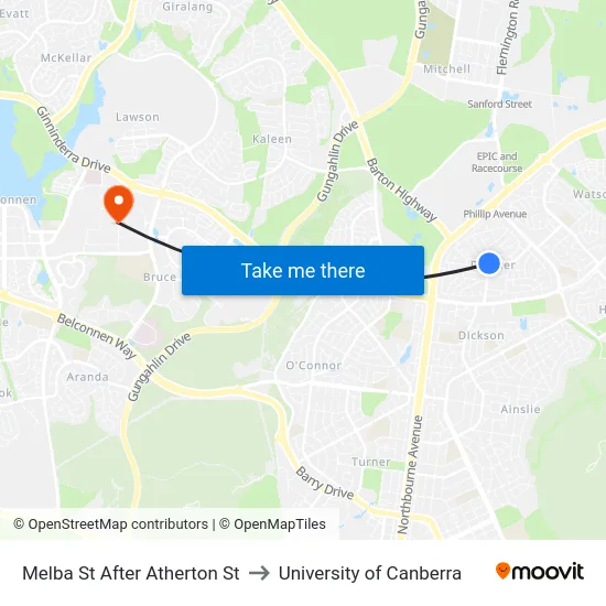Melba St After Atherton St to University of Canberra map