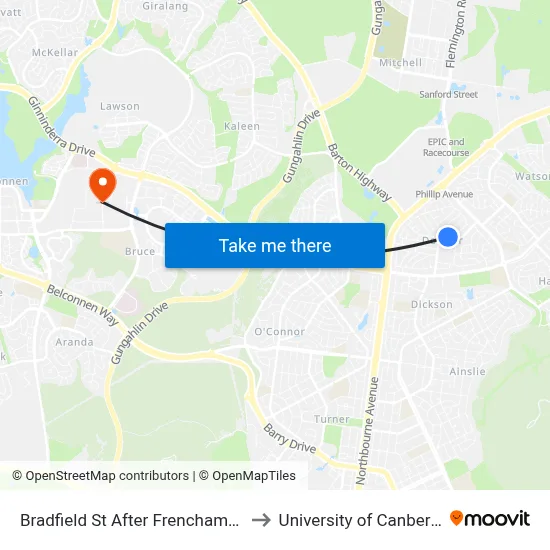Bradfield St After Frencham St to University of Canberra map