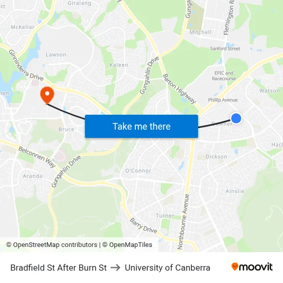 Bradfield St After Burn St to University of Canberra map