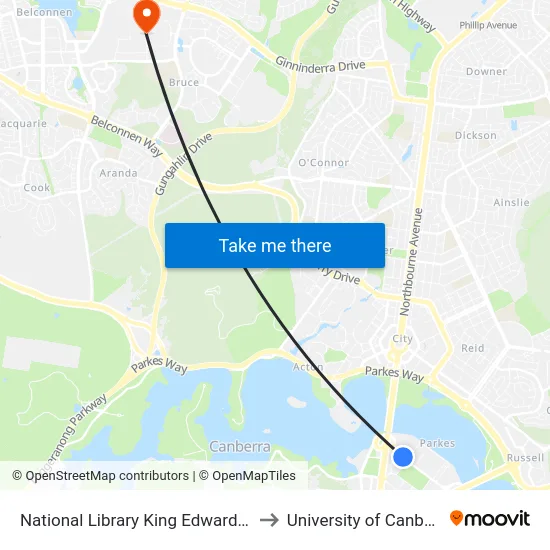 National Library King Edward Tce to University of Canberra map