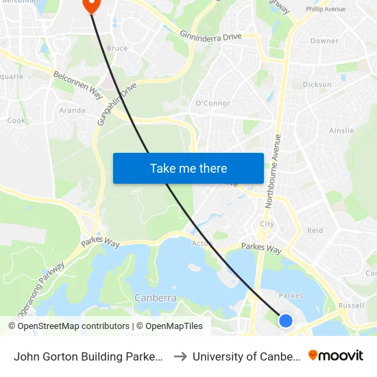John Gorton Building Parkes Pl to University of Canberra map