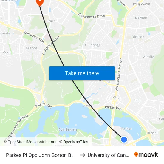 Parkes Pl Opp John Gorton Building to University of Canberra map