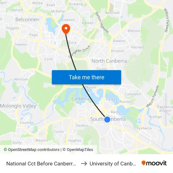 National Cct Before Canberra Av to University of Canberra map