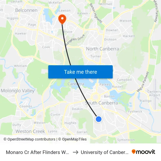 Monaro Cr After Flinders Way to University of Canberra map