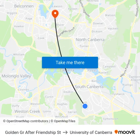 Golden Gr After Friendship St to University of Canberra map