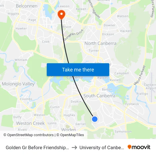Golden Gr Before Friendship St to University of Canberra map