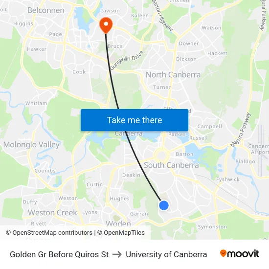Golden Gr Before Quiros St to University of Canberra map