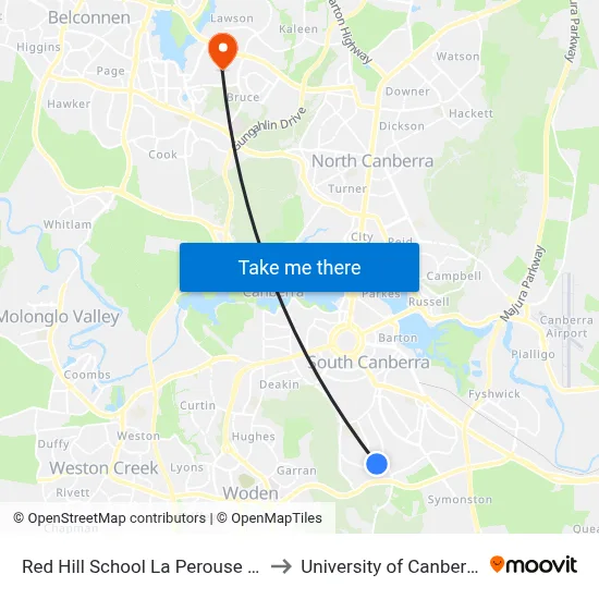 Red Hill School La Perouse St to University of Canberra map