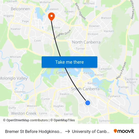 Bremer St Before Hodgkinson St to University of Canberra map