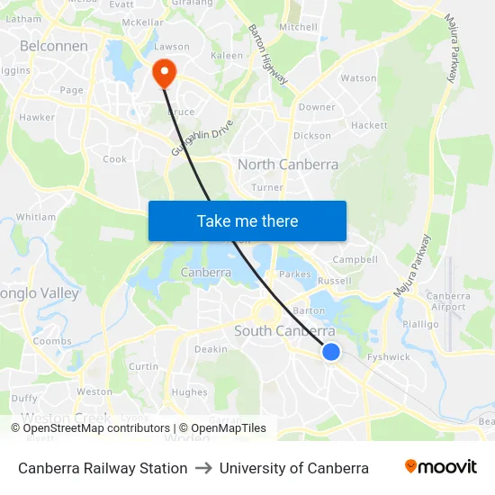 Canberra Railway Station to University of Canberra map