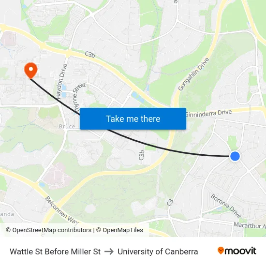 Wattle St Before Miller St to University of Canberra map