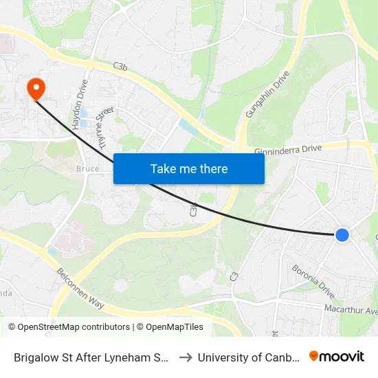 Brigalow St After Lyneham Shops to University of Canberra map