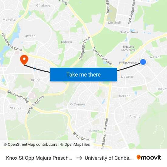 Knox St Opp Majura Preschool to University of Canberra map