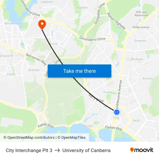 City Interchange Plt 3 to University of Canberra map