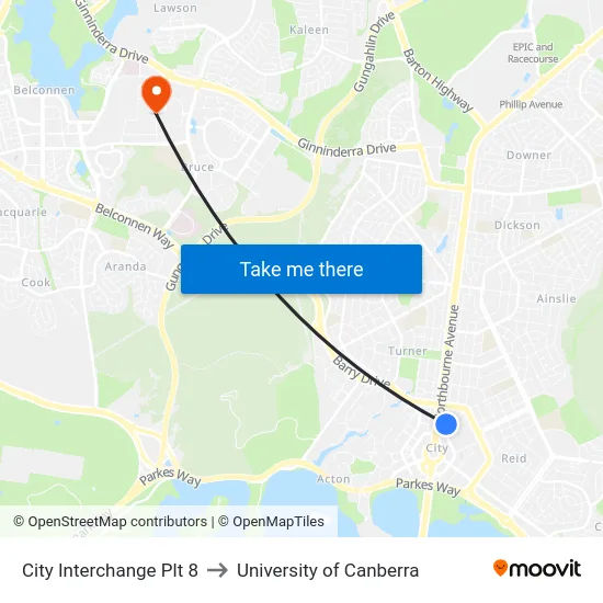 City Interchange Plt 8 to University of Canberra map