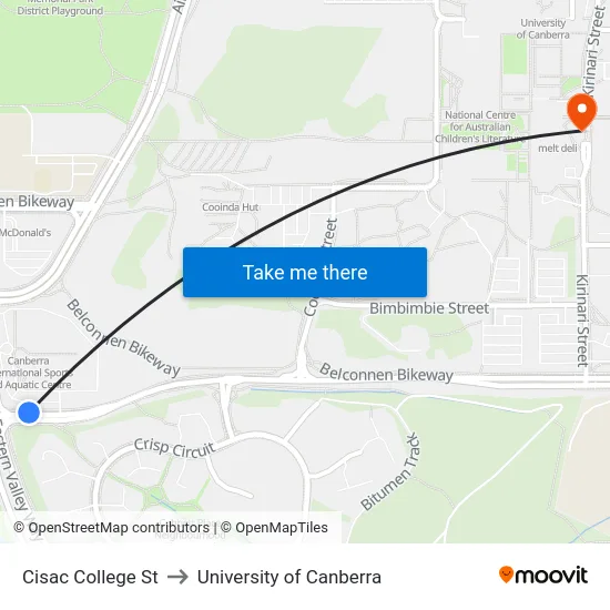 Cisac College St to University of Canberra map