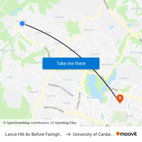 Lance Hill Av Before Fairlight St to University of Canberra map