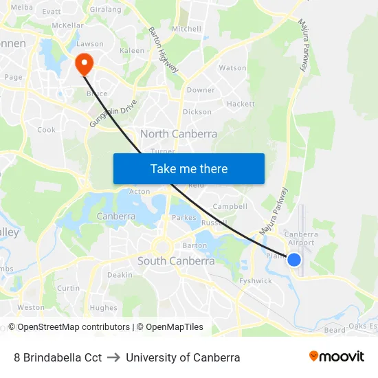 8 Brindabella Cct to University of Canberra map