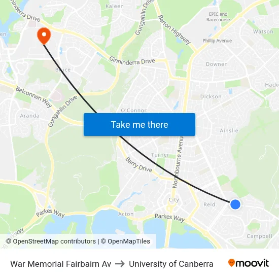 War Memorial Fairbairn Av to University of Canberra map