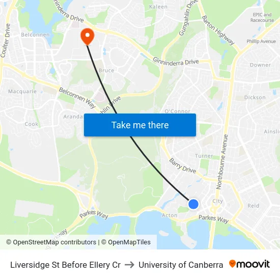 Liversidge St Before Ellery Cr to University of Canberra map