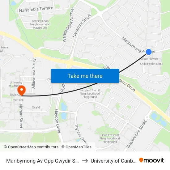 Maribyrnong Av Opp Gwydir Square to University of Canberra map