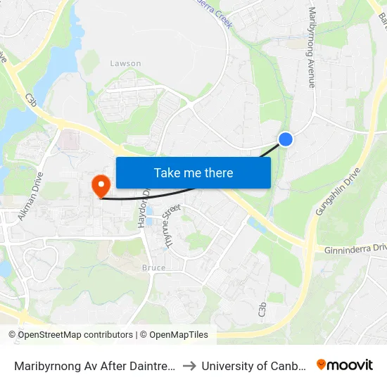 Maribyrnong Av After Daintree Cr to University of Canberra map