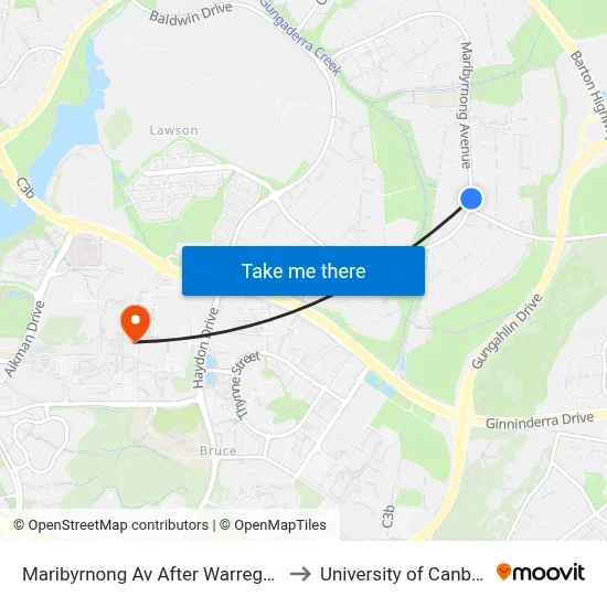 Maribyrnong Av After Warrego Cct to University of Canberra map